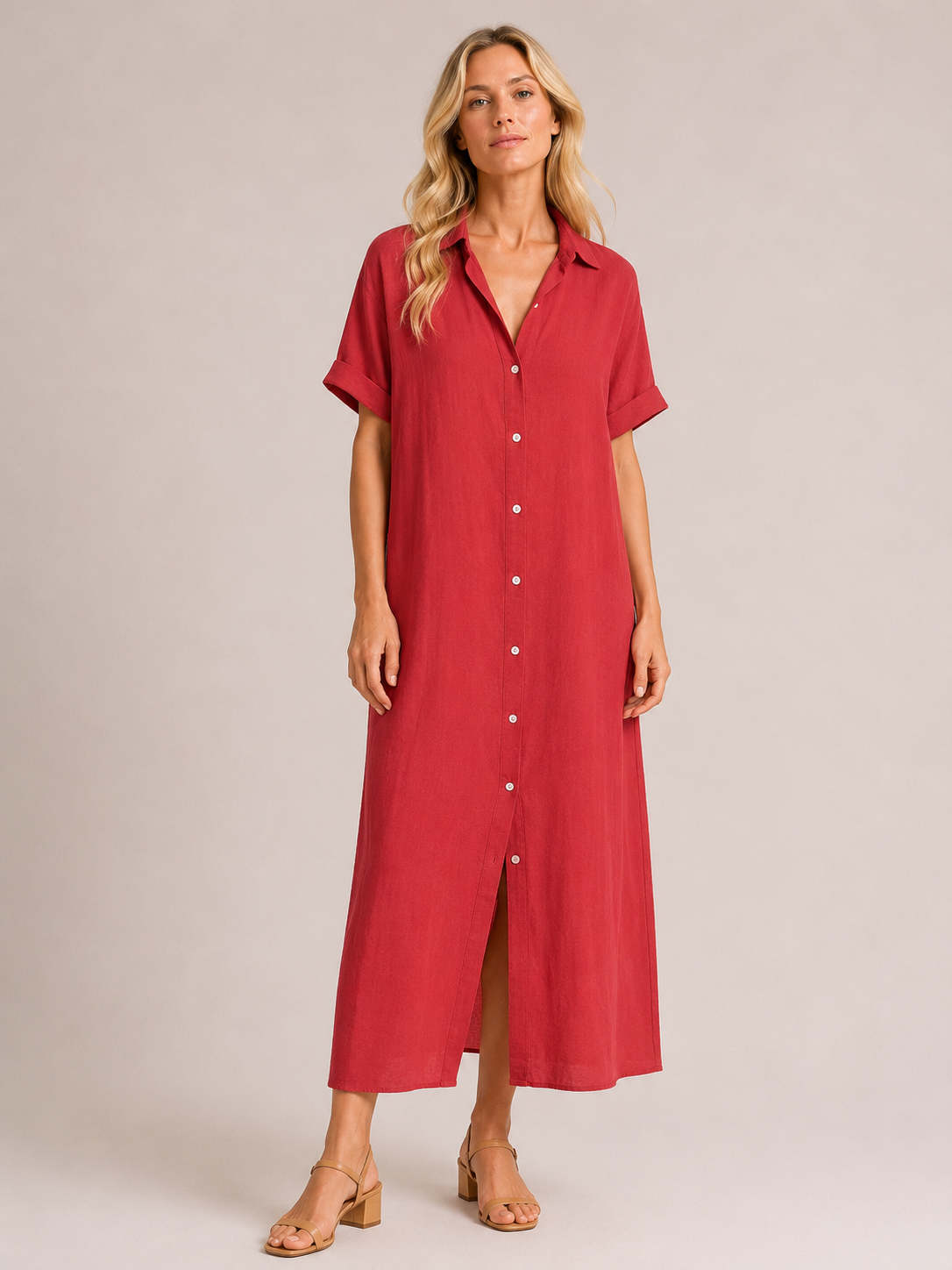 Iris - Women’s Cotton Summer Shirt Midi Dress-jurk-Lyrasue-Red-XS-Lyrasue