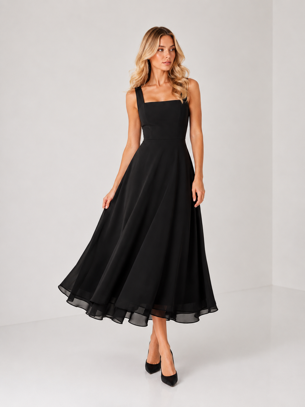 Paisley - Women’s Wedding Guest Midi Dress with Square Neck-Womens Dress-Lyrasue-Black-S-Lyrasue