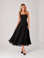 Paisley - Women’s Wedding Guest Midi Dress with Square Neck-Womens Dress-Lyrasue-Black-S-Lyrasue