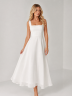 Paisley - Women’s Wedding Guest Midi Dress with Square Neck-Womens Dress-Lyrasue-White-S-Lyrasue