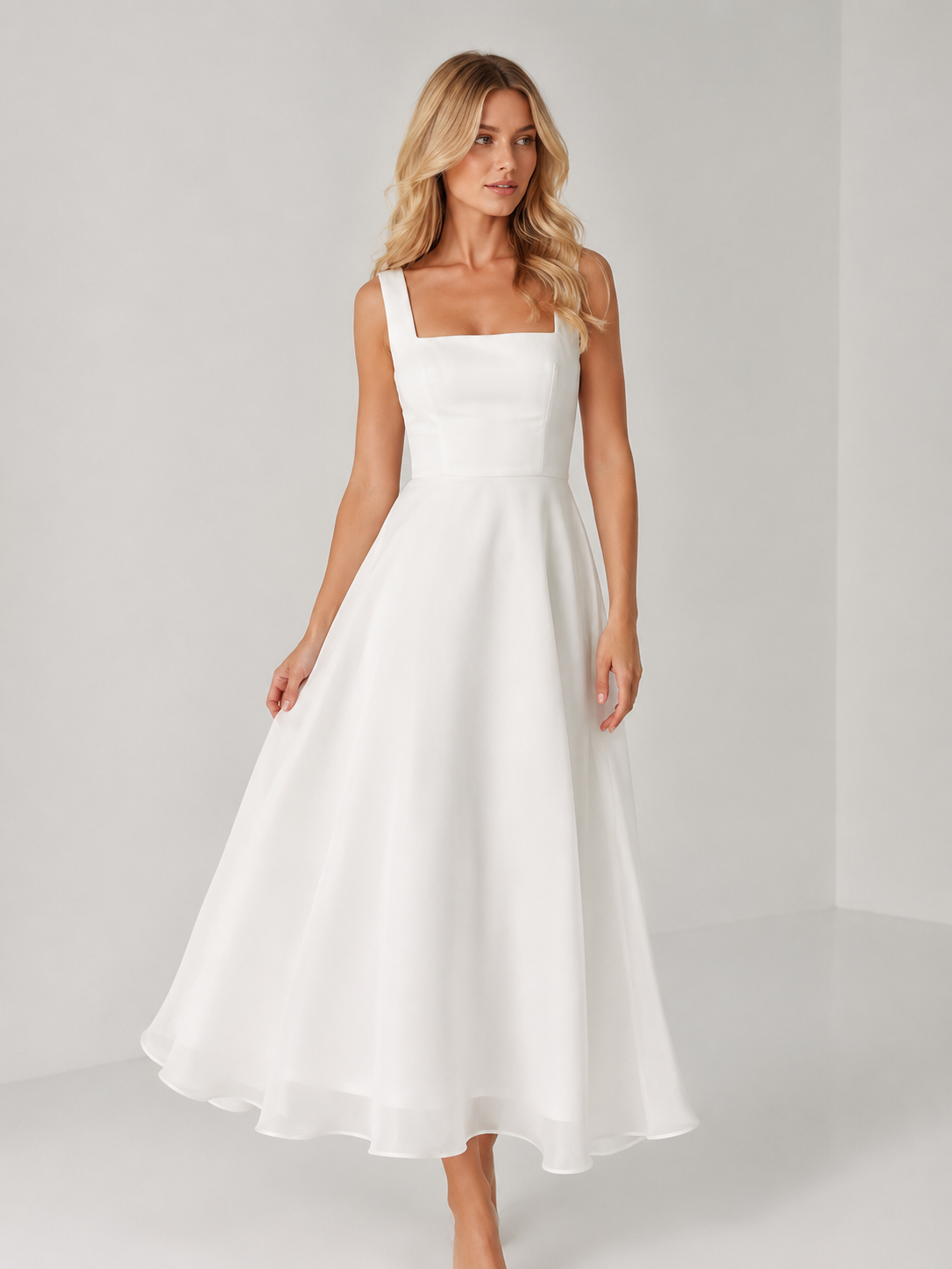 Paisley - Women’s Wedding Guest Midi Dress with Square Neck-Womens Dress-Lyrasue-White-S-Lyrasue