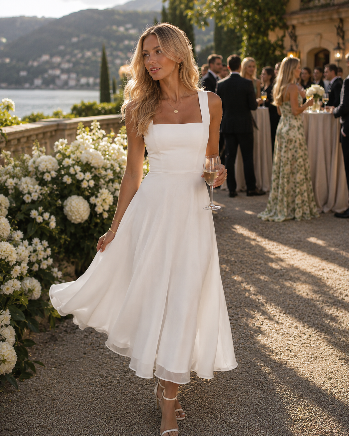 Paisley - Women’s Wedding Guest Midi Dress with Square Neck-Womens Dress-Lyrasue-White-S-Lyrasue