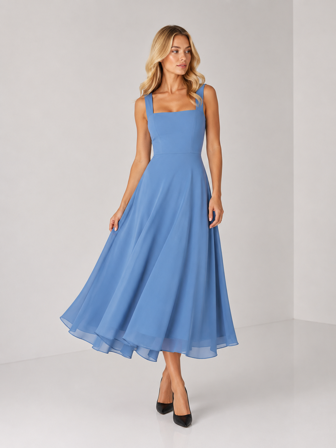 Paisley - Women’s Wedding Guest Midi Dress with Square Neck-Womens Dress-Lyrasue-Blue-S-Lyrasue