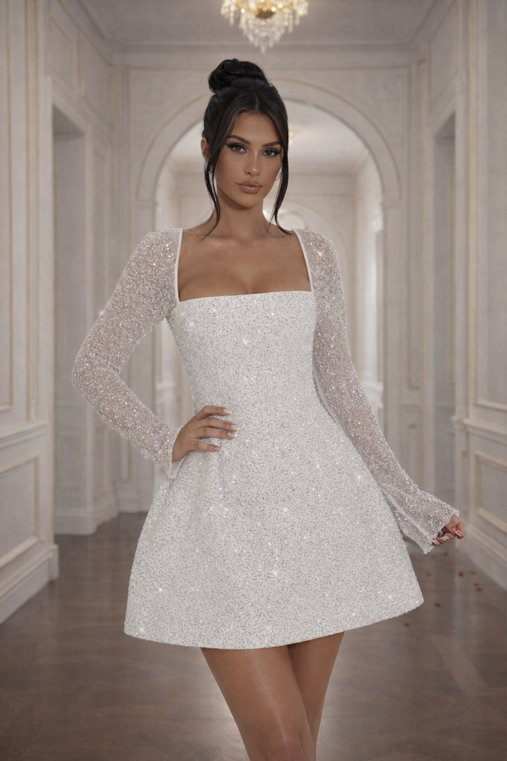 Ashley - Shimmer Mini Dress Women Long Sleeve Party Dress-Lyrasue-Lyrasue