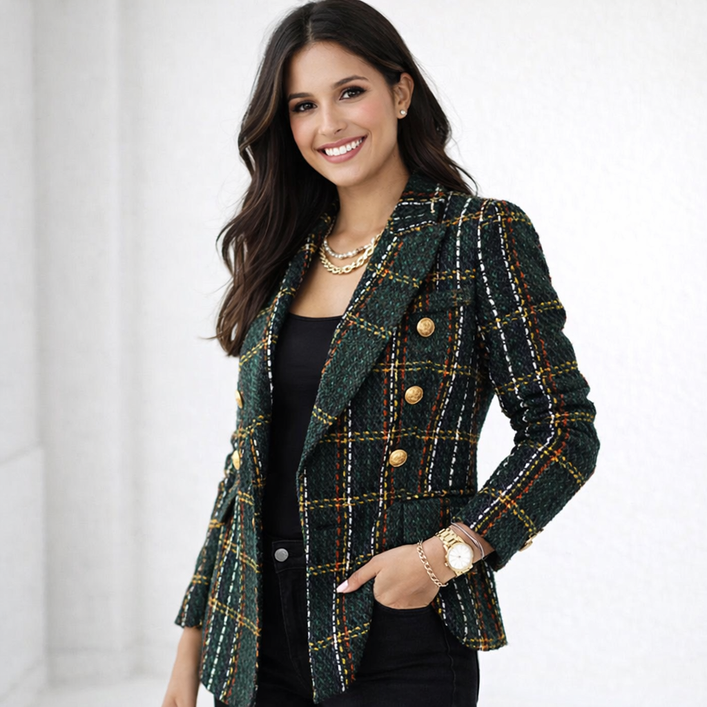 Avea – Woman Checked Plaid Tailored Blazer Jacket-Blazers-Lyrasue-Dark green-S-Lyrasue
