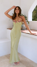 Calista - Women's Satin Flower Strap Maxi Dress-Women Dresses Maxi-Lyrasue-Lyrasue