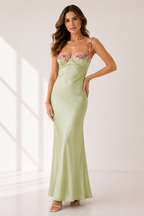 Calista - Women's Satin Flower Strap Maxi Dress-Women Dresses Maxi-Lyrasue-Lyrasue