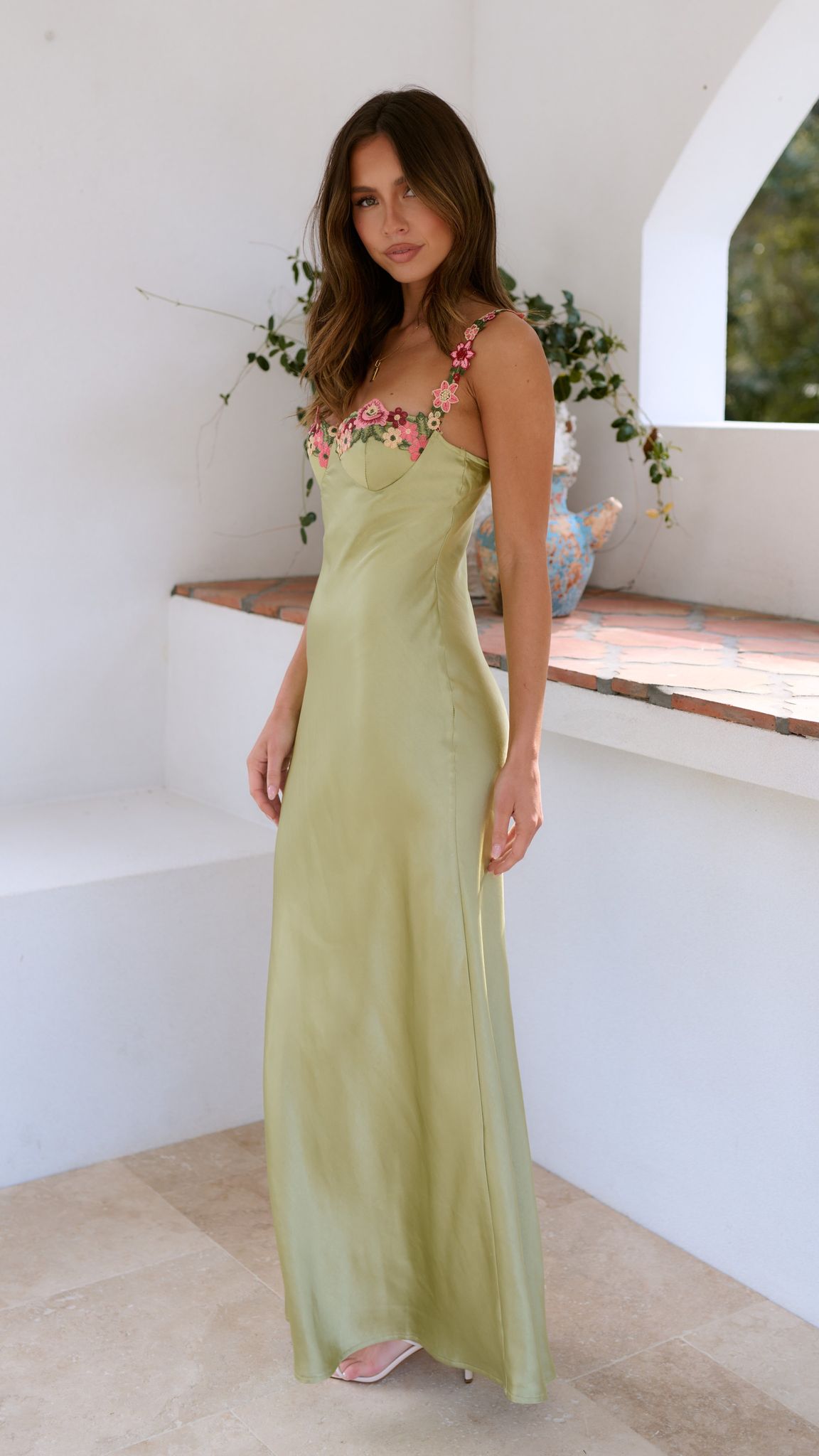Calista - Women's Satin Flower Strap Maxi Dress-Women Dresses Maxi-Lyrasue-Lyrasue