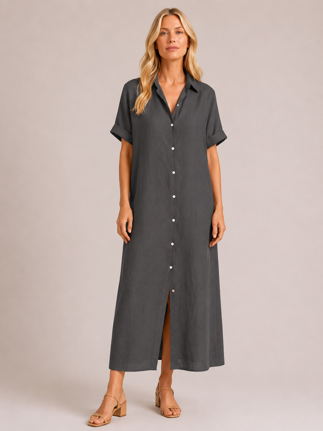 Iris - Women’s Cotton Summer Shirt Midi Dress-jurk-Lyrasue-Dark Grey-XS-Lyrasue