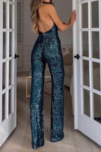 Elara - Women's Sequin Halter Neck Wide Leg Jumpsuit-Jumpsuits-Lyrasue-Lyrasue