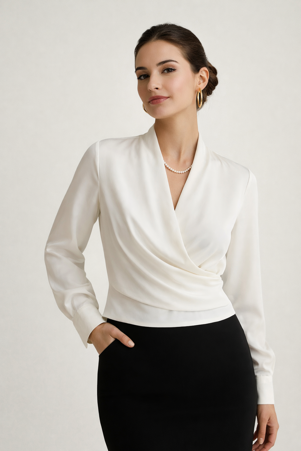 Erin – Woman Satin V-Neck Long Sleeve Blouse-Blouses-Lyrasue-White-S-Lyrasue