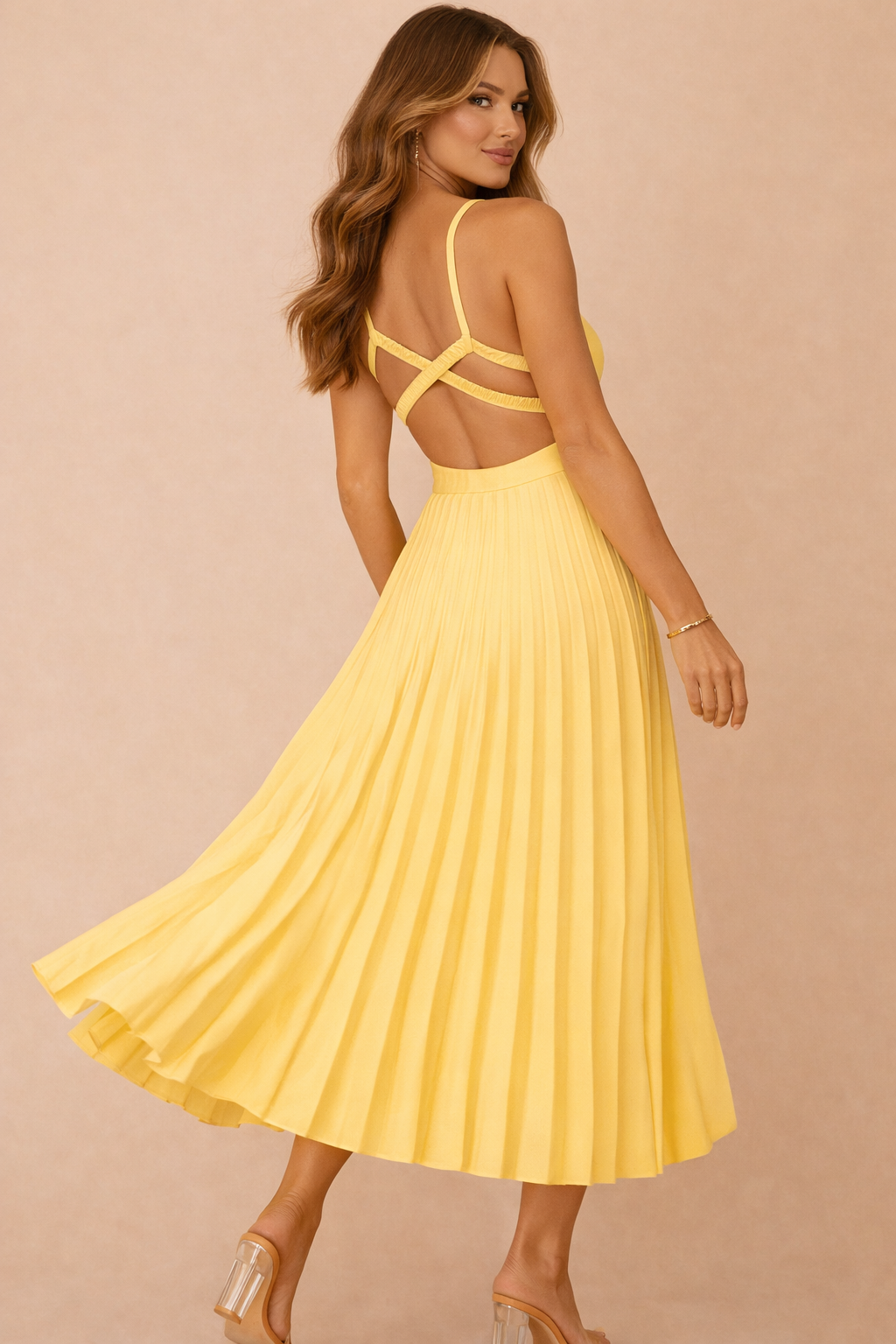 Lauren – Woman Yellow Sleeveless Flowing Midi Wedding Guest Dress-Midi Dress - SS - Womens - Dresses-Lyrasue-Lyrasue