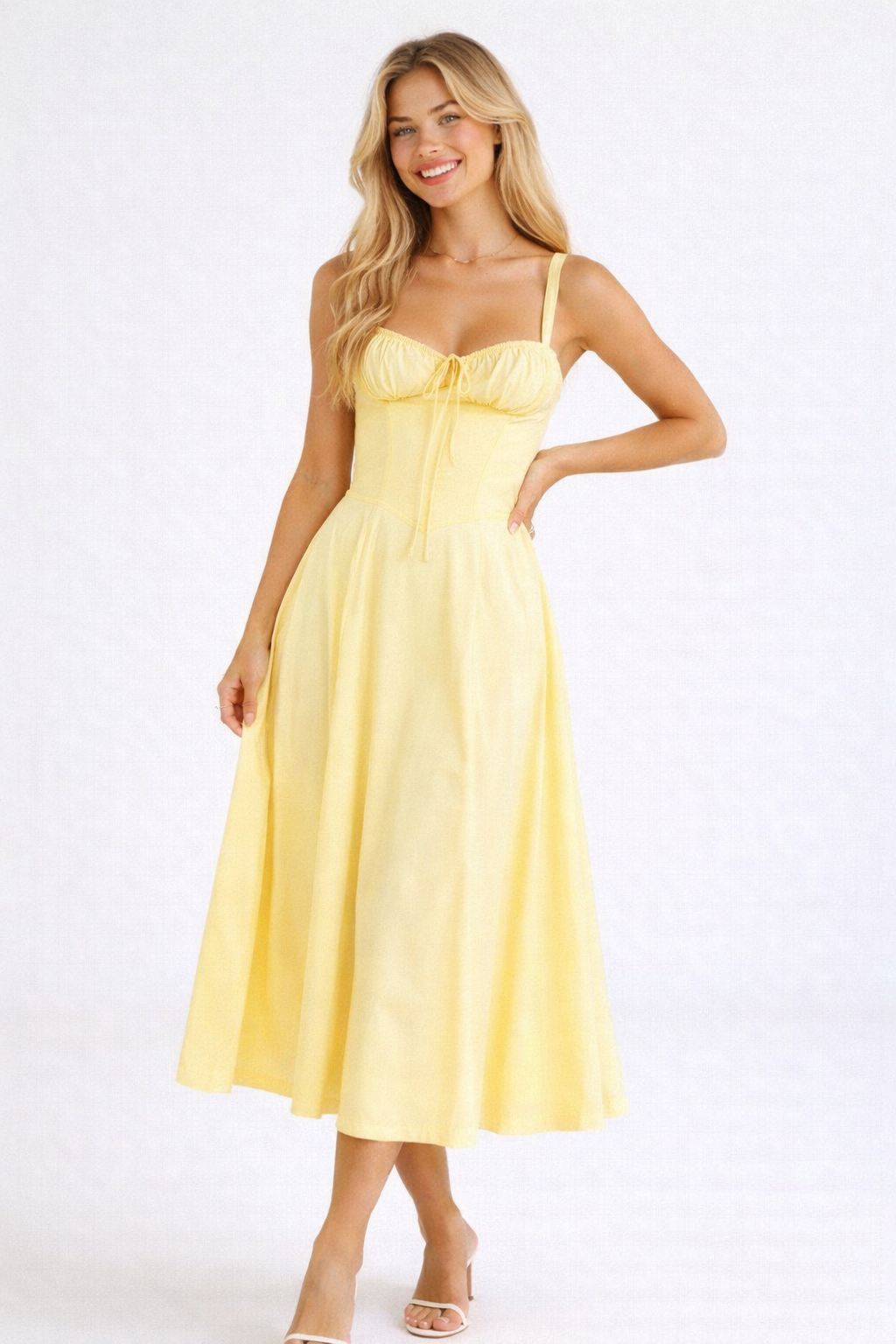 Liana Corset Midi Dress - Woman Wedding Guest Dress-Midi Dresses-Lyrasue-Light Yellow-S-Lyrasue