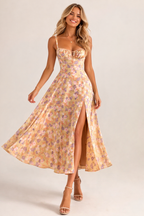 Liana Corset Midi Dress - Woman Wedding Guest Dress-Midi Dresses-Lyrasue-Yellow-S-Lyrasue