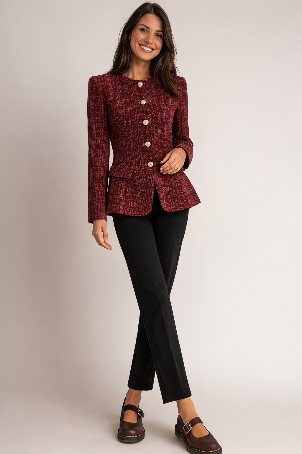 Rosie Tweed Button Blazer – Burgundy Women’s Jacket-Blazer - AS - Womens - Blazers-Lyrasue-Burgundy-XS-Lyrasue