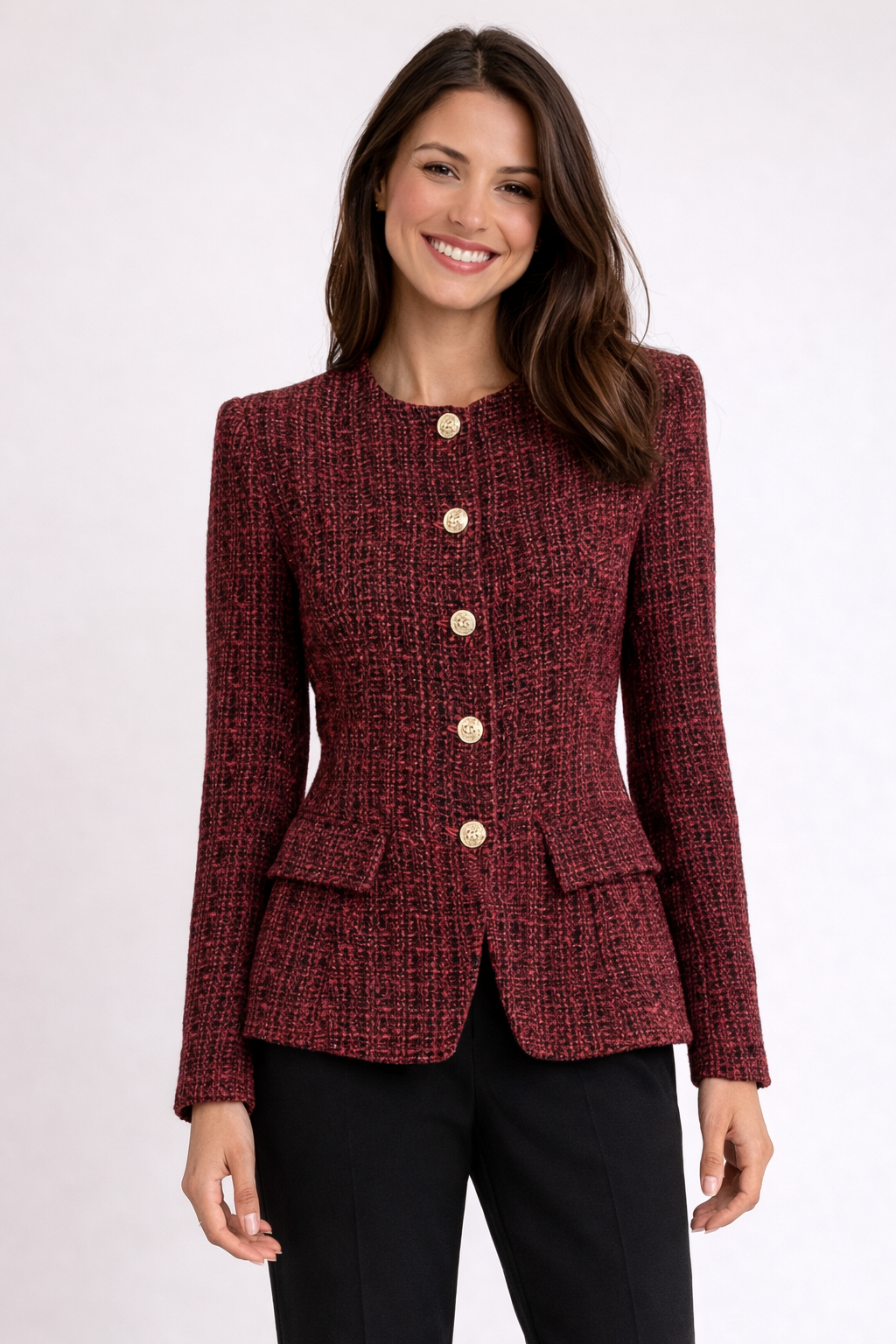 Rosie Tweed Button Blazer – Burgundy Women’s Jacket-Blazer - AS - Womens - Blazers-Lyrasue-Lyrasue