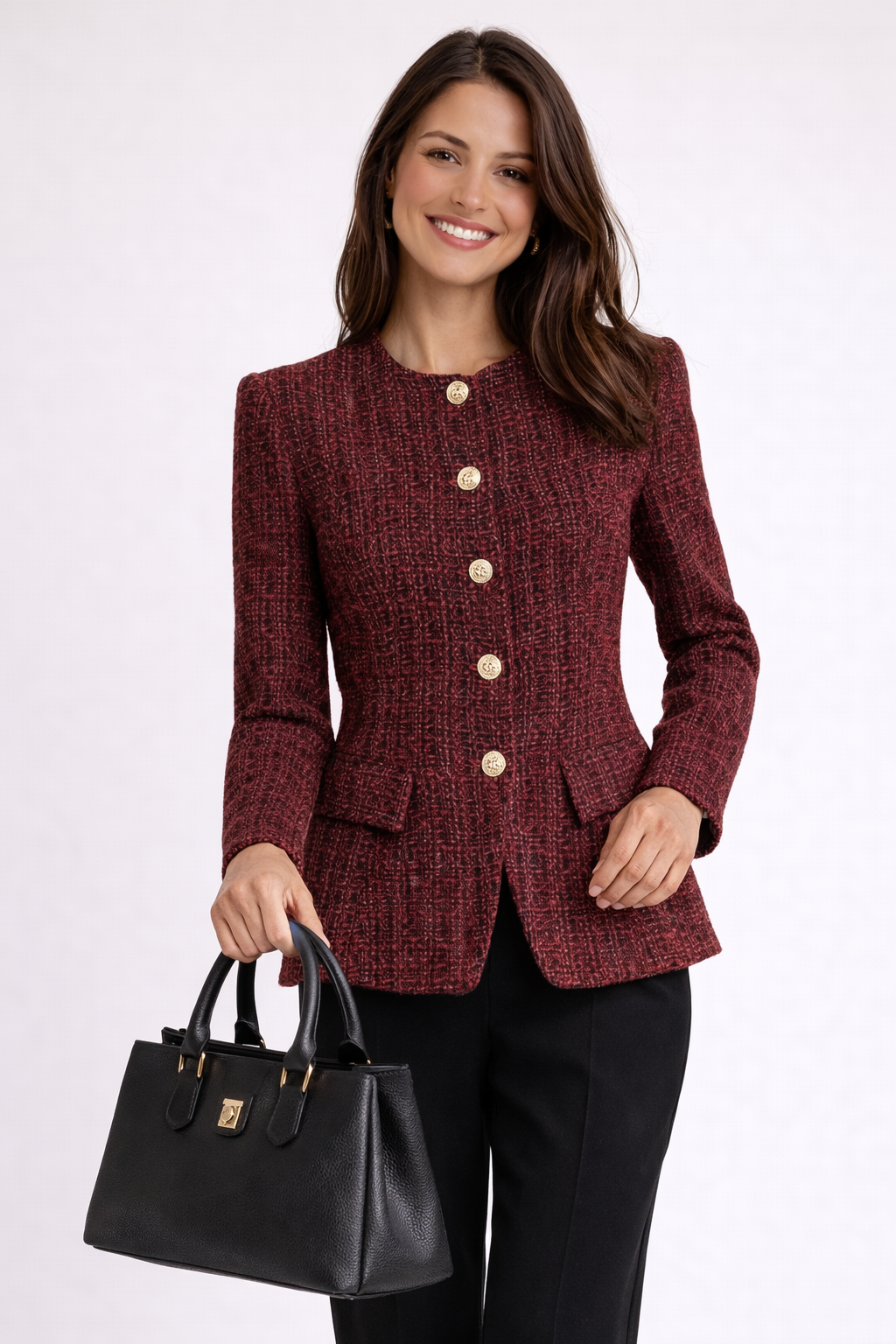 Rosie Tweed Button Blazer – Burgundy Women’s Jacket-Blazer - AS - Womens - Blazers-Lyrasue-Lyrasue