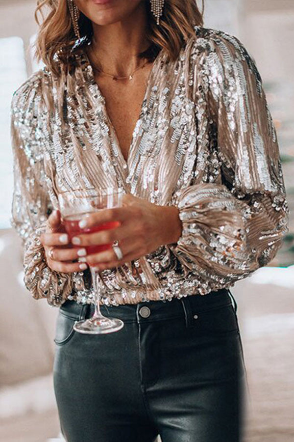 Seren - Women's Sequin Button-Up Blouse with Long Sleeves-Blouse Women-Lyrasue-Lyrasue