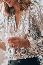 Seren - Women's Sequin Button-Up Blouse with Long Sleeves-Blouse Women-Lyrasue-Lyrasue