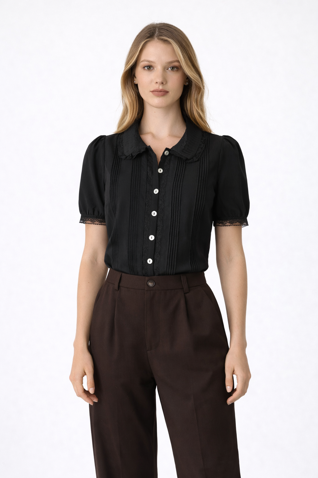 Skye – Woman Black Lace Trim Short Sleeve Blouse Chelsea Collar-Blouse - AS - Womens - Tops-Lyrasue-Lyrasue