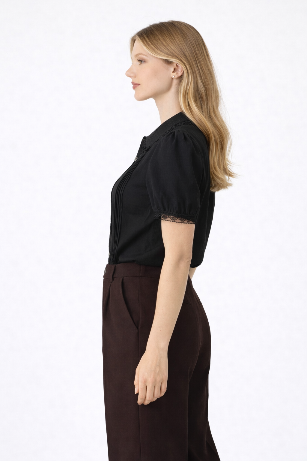 Skye – Woman Black Lace Trim Short Sleeve Blouse Chelsea Collar-Blouse - AS - Womens - Tops-Lyrasue-Lyrasue