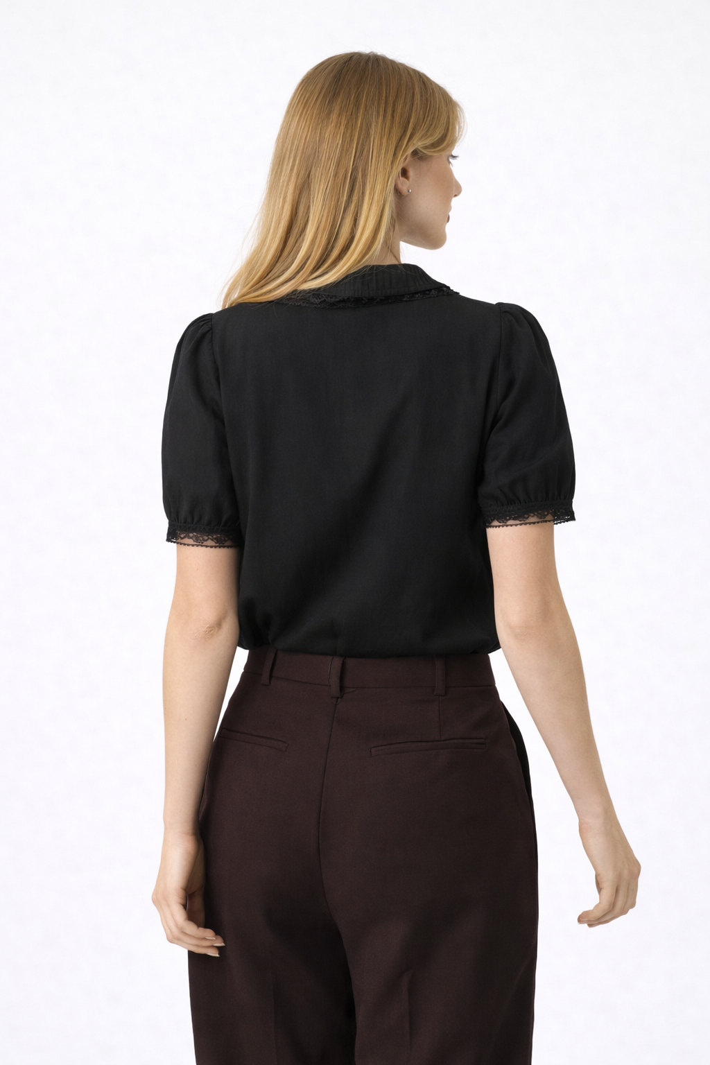 Skye – Woman Black Lace Trim Short Sleeve Blouse Chelsea Collar-Blouse - AS - Womens - Tops-Lyrasue-Lyrasue