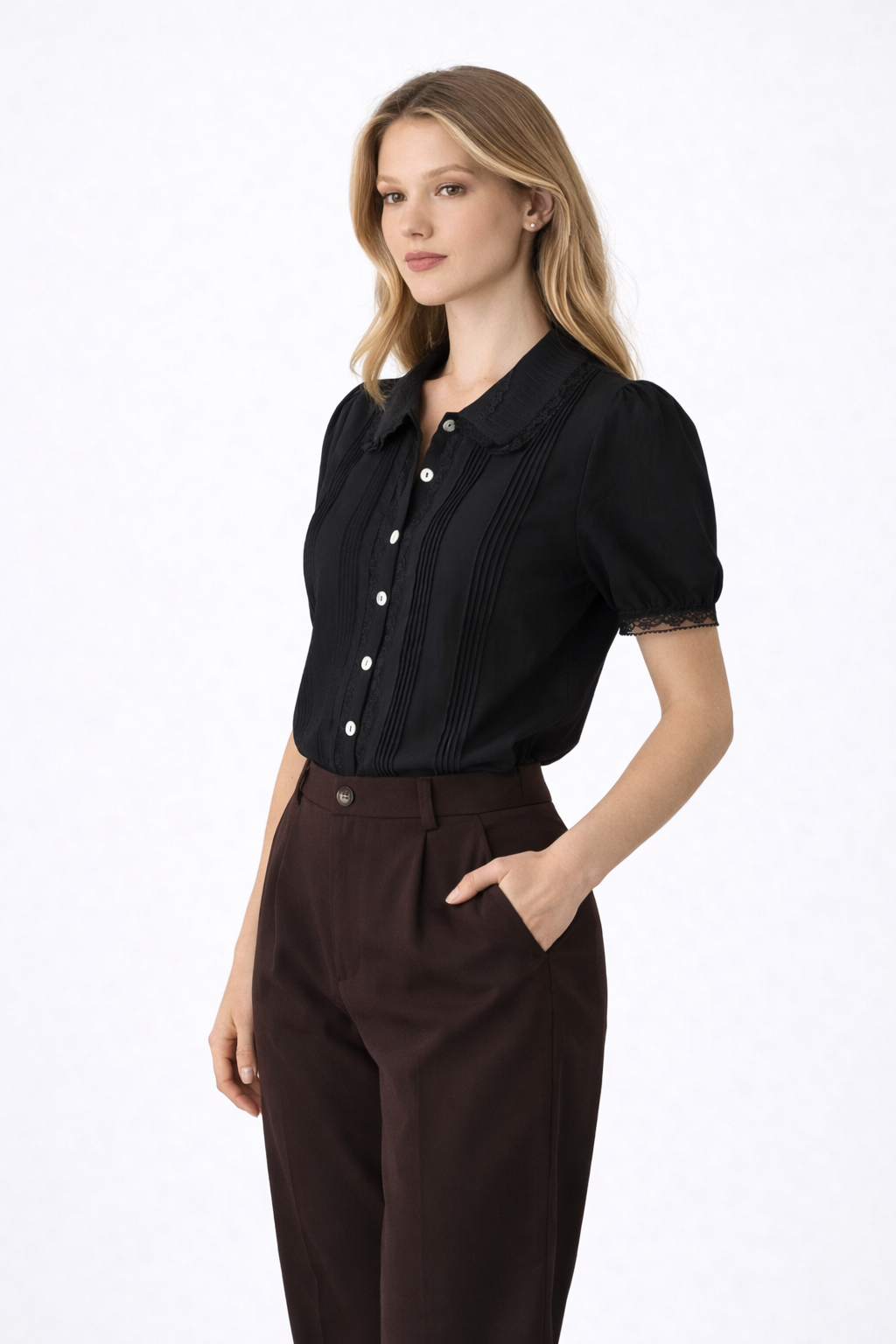 Skye – Woman Black Lace Trim Short Sleeve Blouse Chelsea Collar-Blouse - AS - Womens - Tops-Lyrasue-Lyrasue