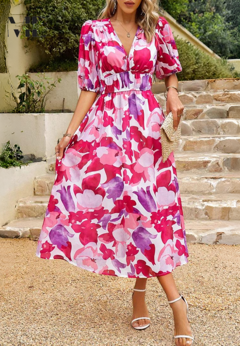 Solene - Women's Botanical Chiffon Midi Dress-Women Dresses Midi-Lyrasue-Lyrasue