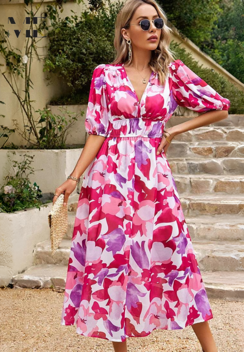 Solene - Women's Botanical Chiffon Midi Dress-Women Dresses Midi-Lyrasue-Lyrasue