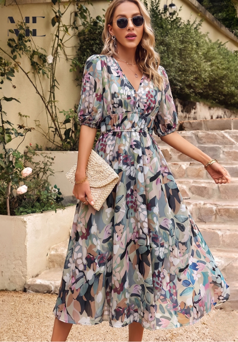 Solene - Women's Botanical Chiffon Midi Dress-Women Dresses Midi-Lyrasue-Lyrasue