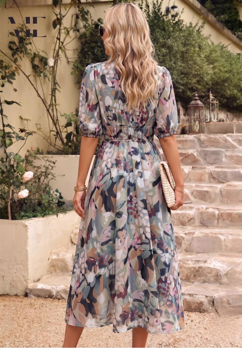 Solene - Women's Botanical Chiffon Midi Dress-Women Dresses Midi-Lyrasue-Lyrasue