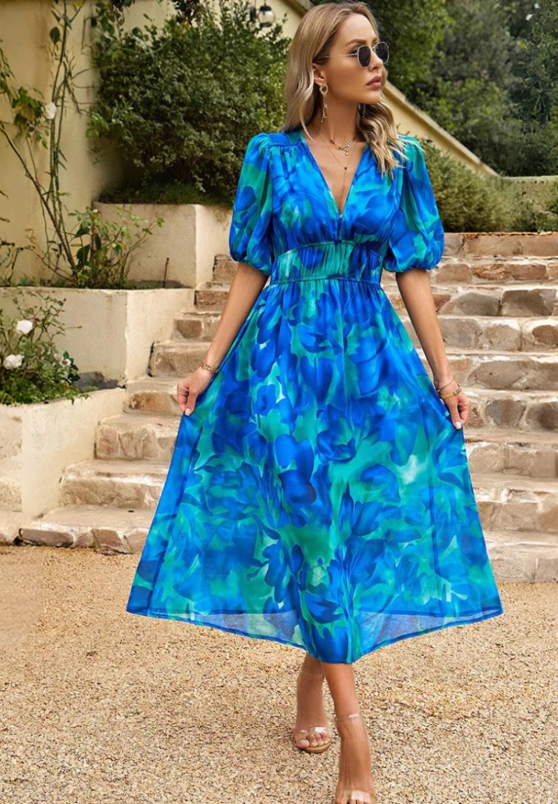 Solene - Women's Botanical Chiffon Midi Dress-Women Dresses Midi-Lyrasue-Lyrasue