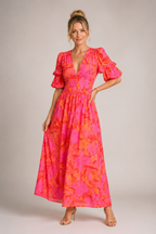 Zephyra - Women's Puff Sleeve V Neck Midi Dress-Women’s Dress-Lyrasue-Lyrasue
