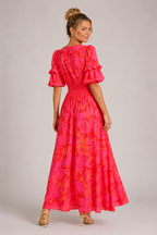 Zephyra - Women's Puff Sleeve V Neck Midi Dress-Women’s Dress-Lyrasue-Lyrasue
