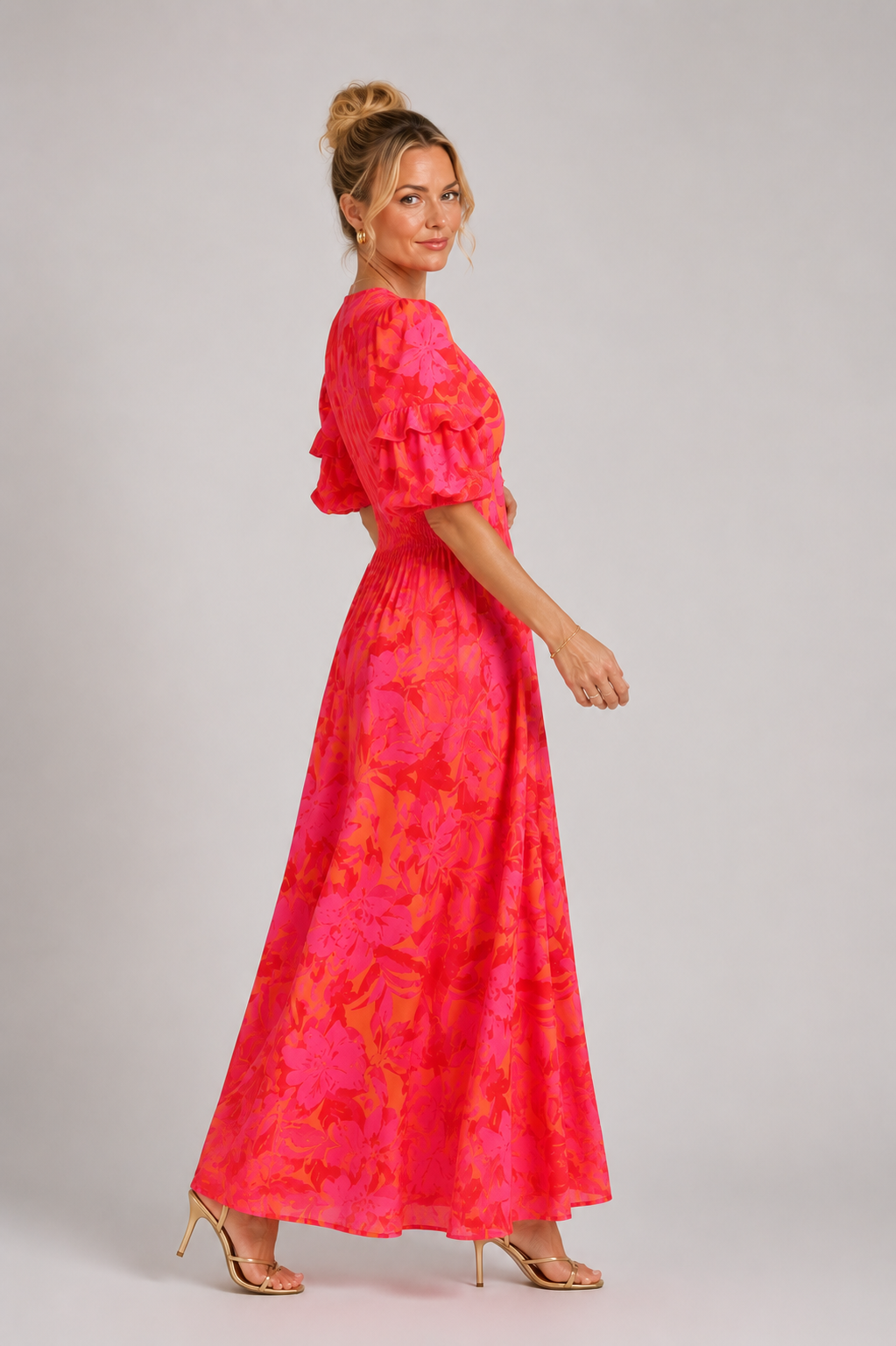 Zephyra - Women's Puff Sleeve V Neck Midi Dress-Women’s Dress-Lyrasue-Lyrasue