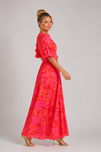 Zephyra - Women's Puff Sleeve V Neck Midi Dress-Women’s Dress-Lyrasue-Lyrasue