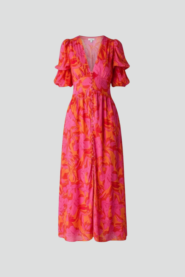 Zephyra - Women's Puff Sleeve V Neck Midi Dress-Women’s Dress-Lyrasue-Lyrasue
